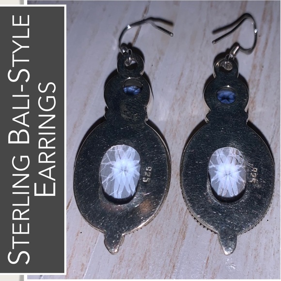 Sterling Earrings Set with Blue Stones - Bali-style with Bead Detailing - Picture 6 of 8